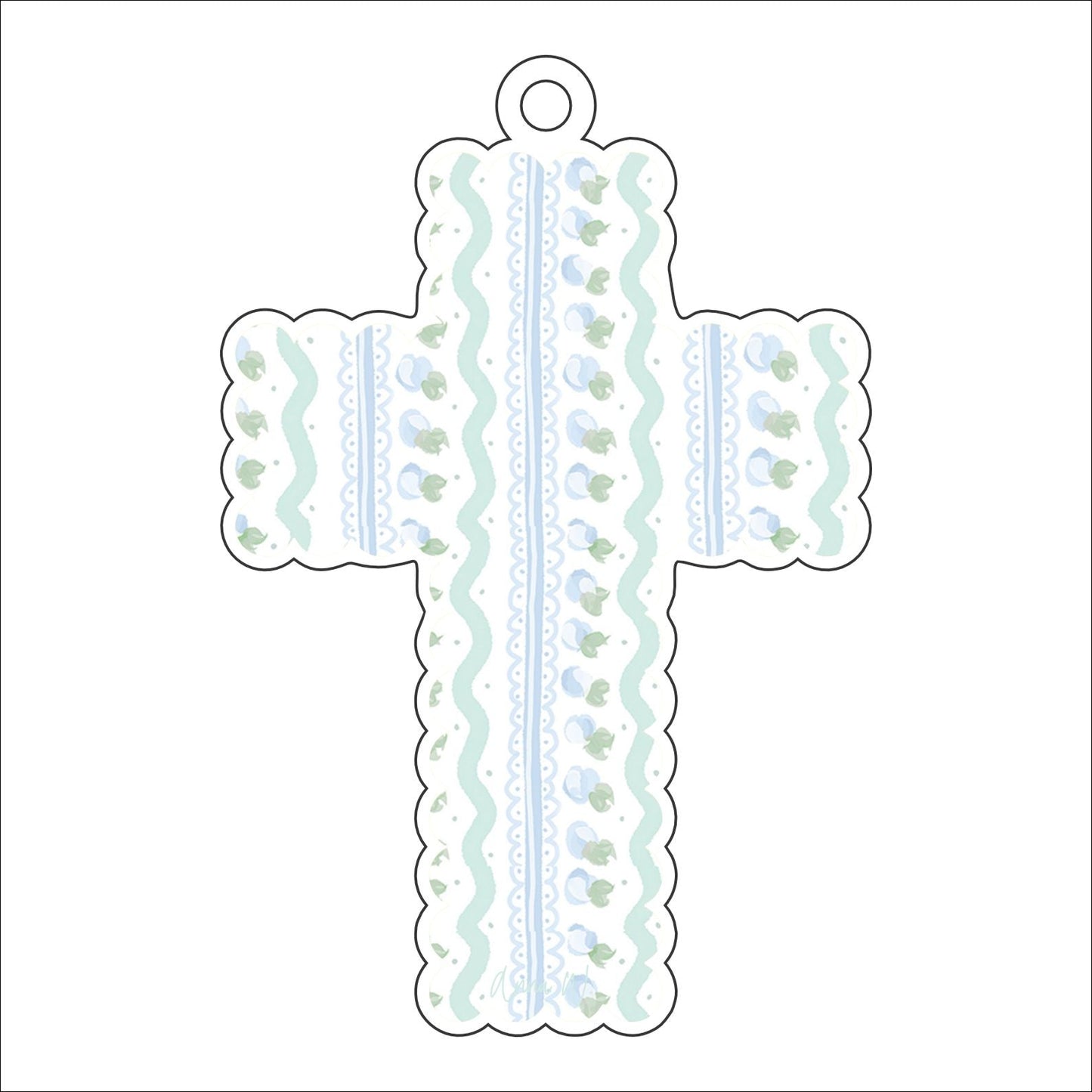 AWA-034 Scalloped Cross Blue White | 0.25in. Acrylic Ornament |