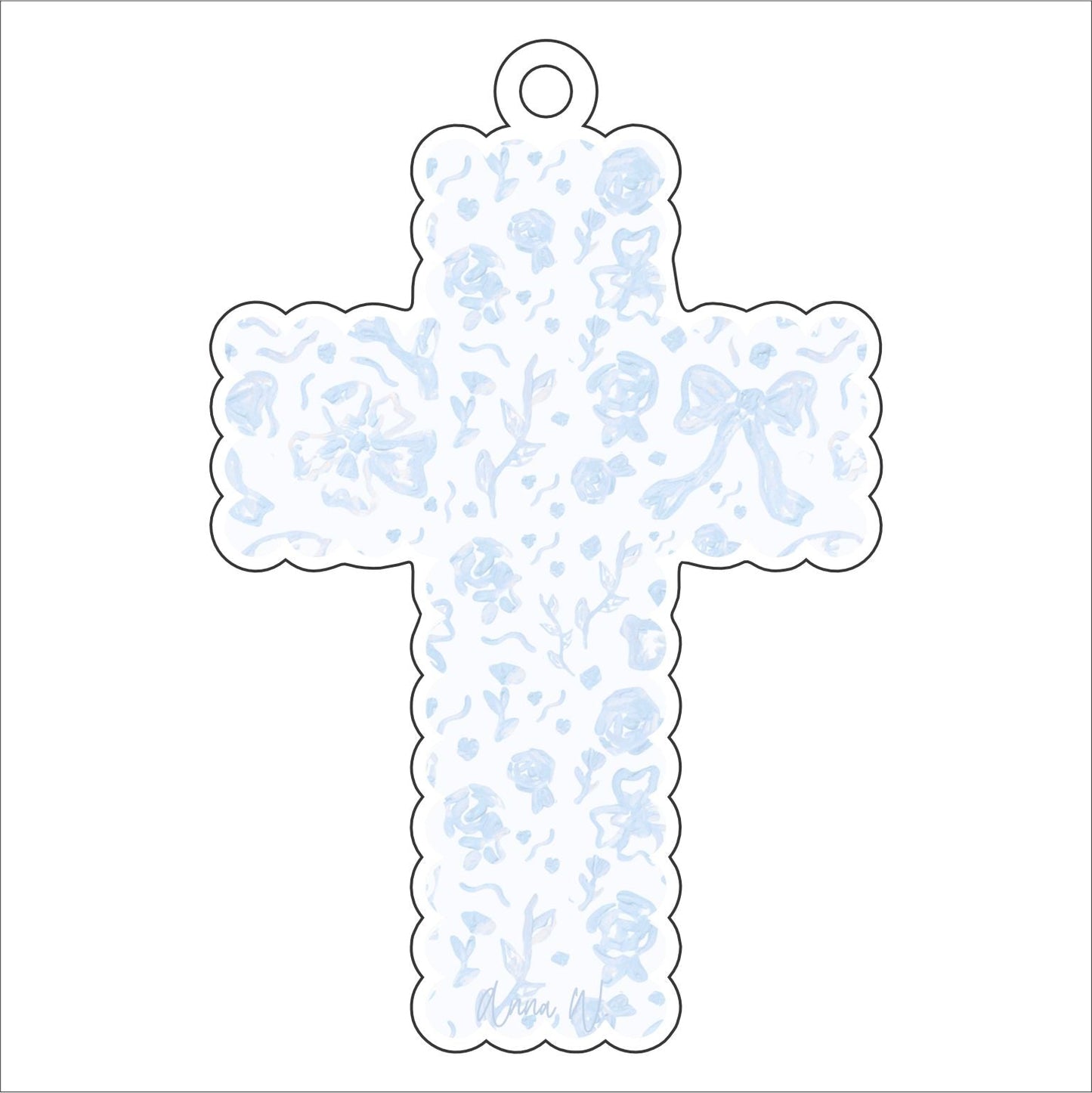 AWA-037 Blue Bow Scalloped Cross | 0.25in. Acrylic Ornament | Case Bundle of 25