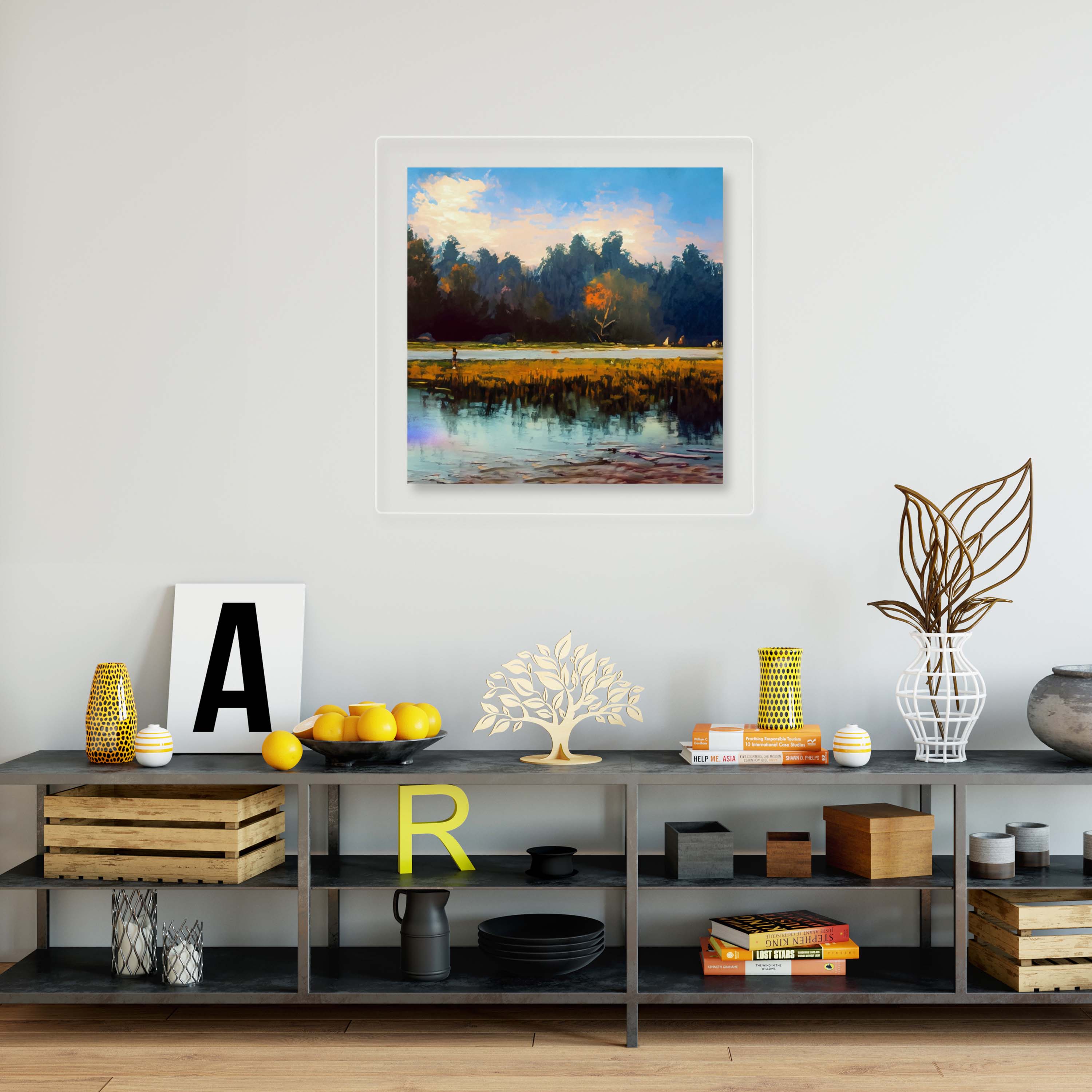 acrylic giclee hanging on wall above styled shelf.