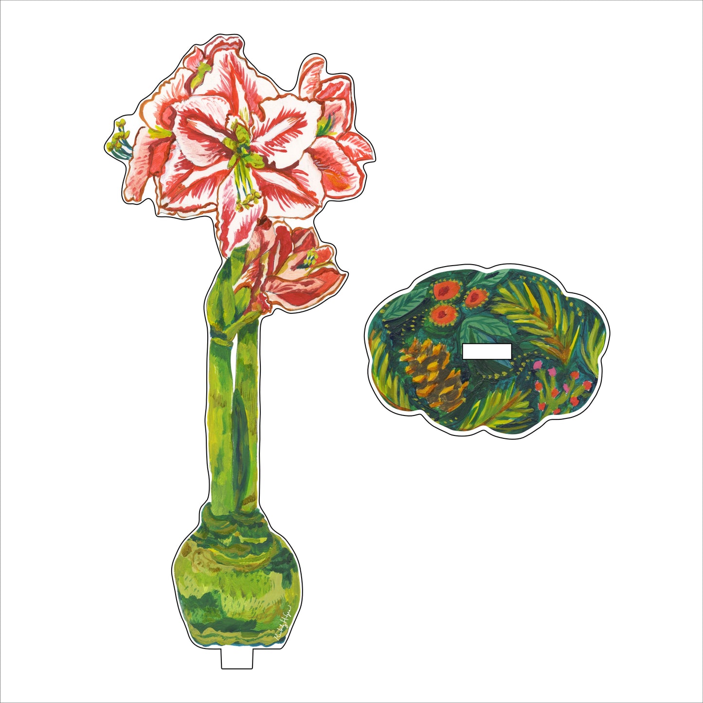 KHA-X003 Red Orange Amaryllis LG with Pinecone & Holly LG Stand | Acrylic Floral Bundle