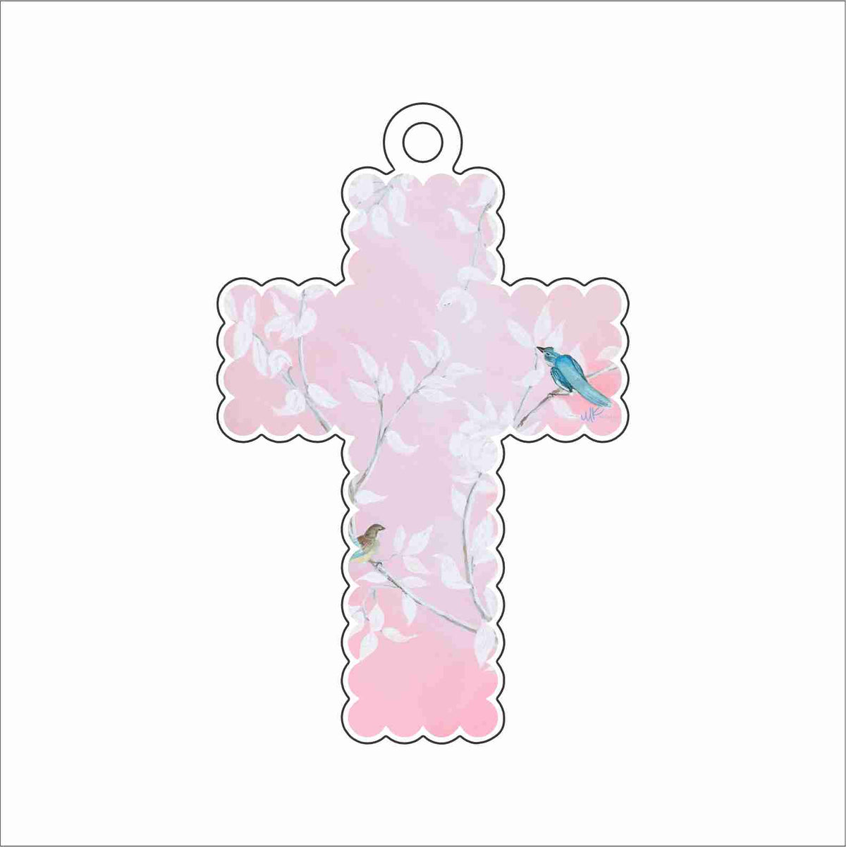 MKD-105 Pink Floral Scalloped Cross Ornament | 0.25Acrylic Ornament