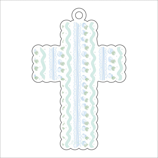 AWA-034 Scalloped Cross Blue White | 0.25in. Acrylic Ornament | Case Bundle of 25