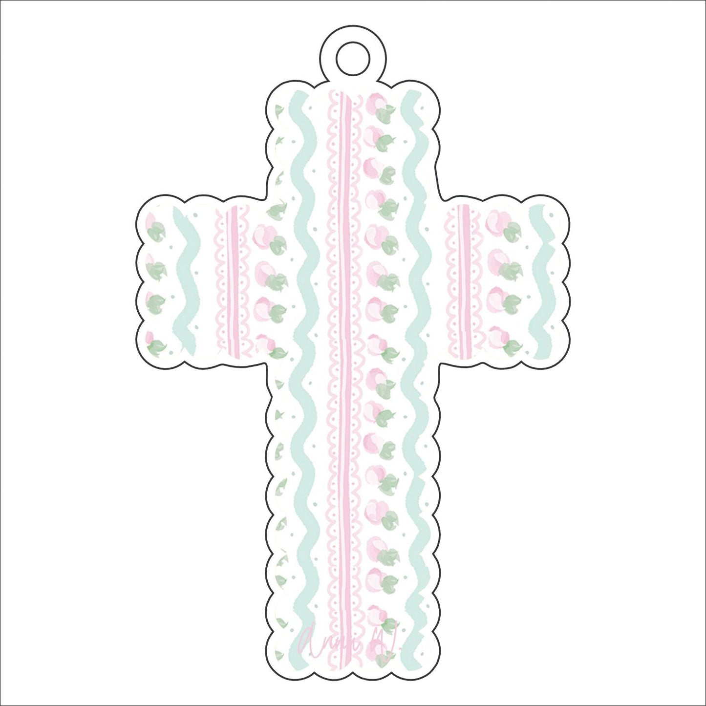 AWA-035 Scalloped Cross Pink White | 0.25in. Acrylic Ornament | Case Bundle of 25