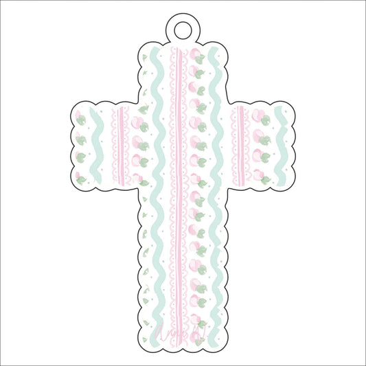 AWA-035 Scalloped Cross Pink White | 0.25in. Acrylic Ornament | Case Bundle of 25