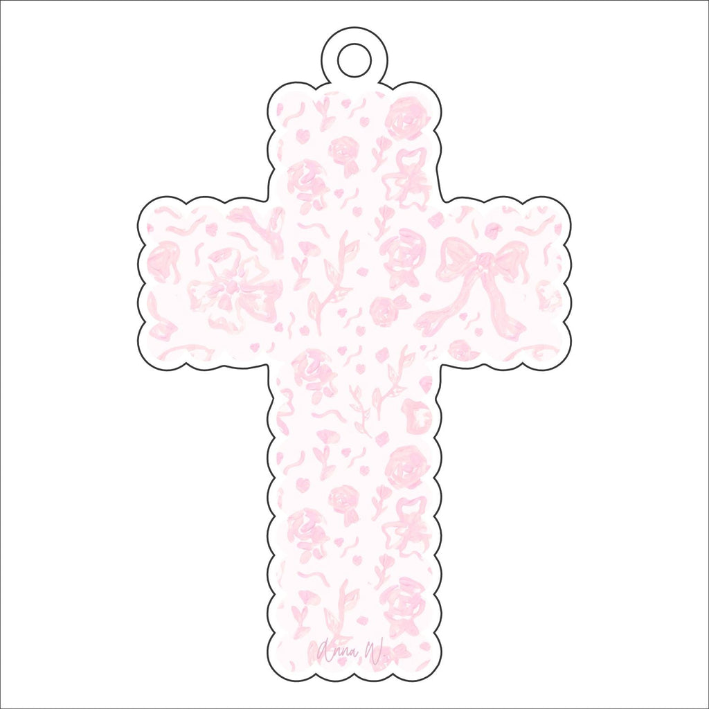 AWA-036 Pink Bow Scalloped Cross | 0.25in. Acrylic Ornament |