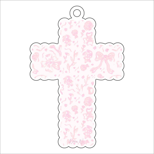 AWA-036 Pink Bow Scalloped Cross | 0.25in. Acrylic Ornament |