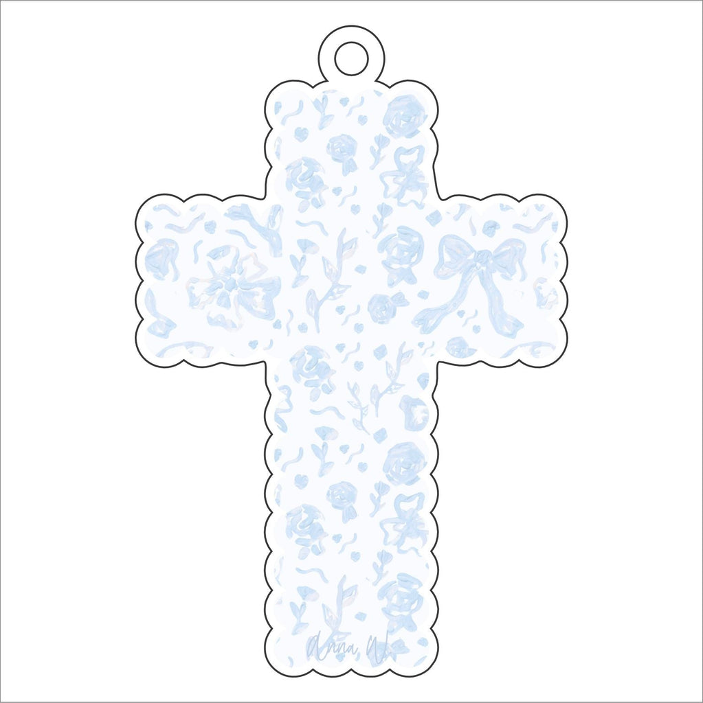 AWA-037 Blue Bow Scalloped Cross | 0.25in. Acrylic Ornament | Case Bundle of 25