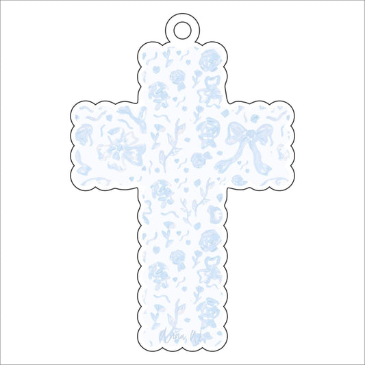 AWA-037 Blue Bow Scalloped Cross | 0.25in. Acrylic Ornament |