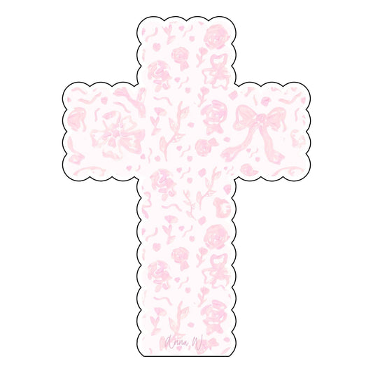 AWA-049 Pink Bow Scalloped Cross | 0.75in. Acrylic |