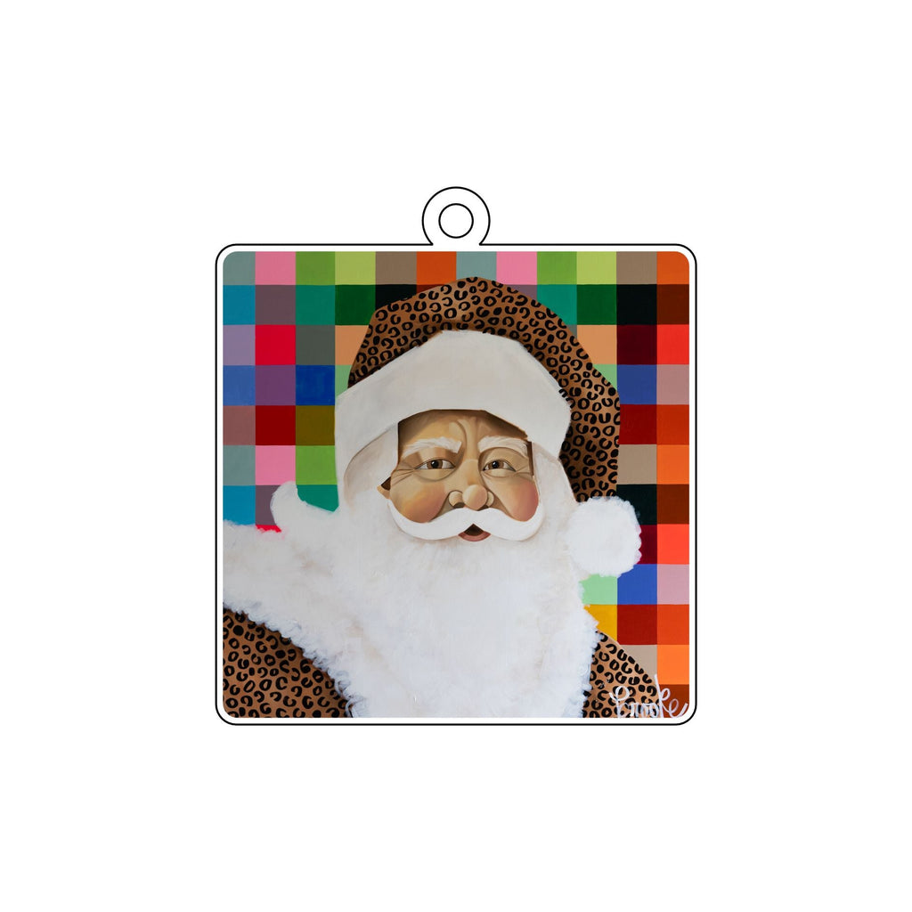 BLA-026 Cheetah Santa on Disco Plaid Ornament | 0.25Acrylic Ornament |