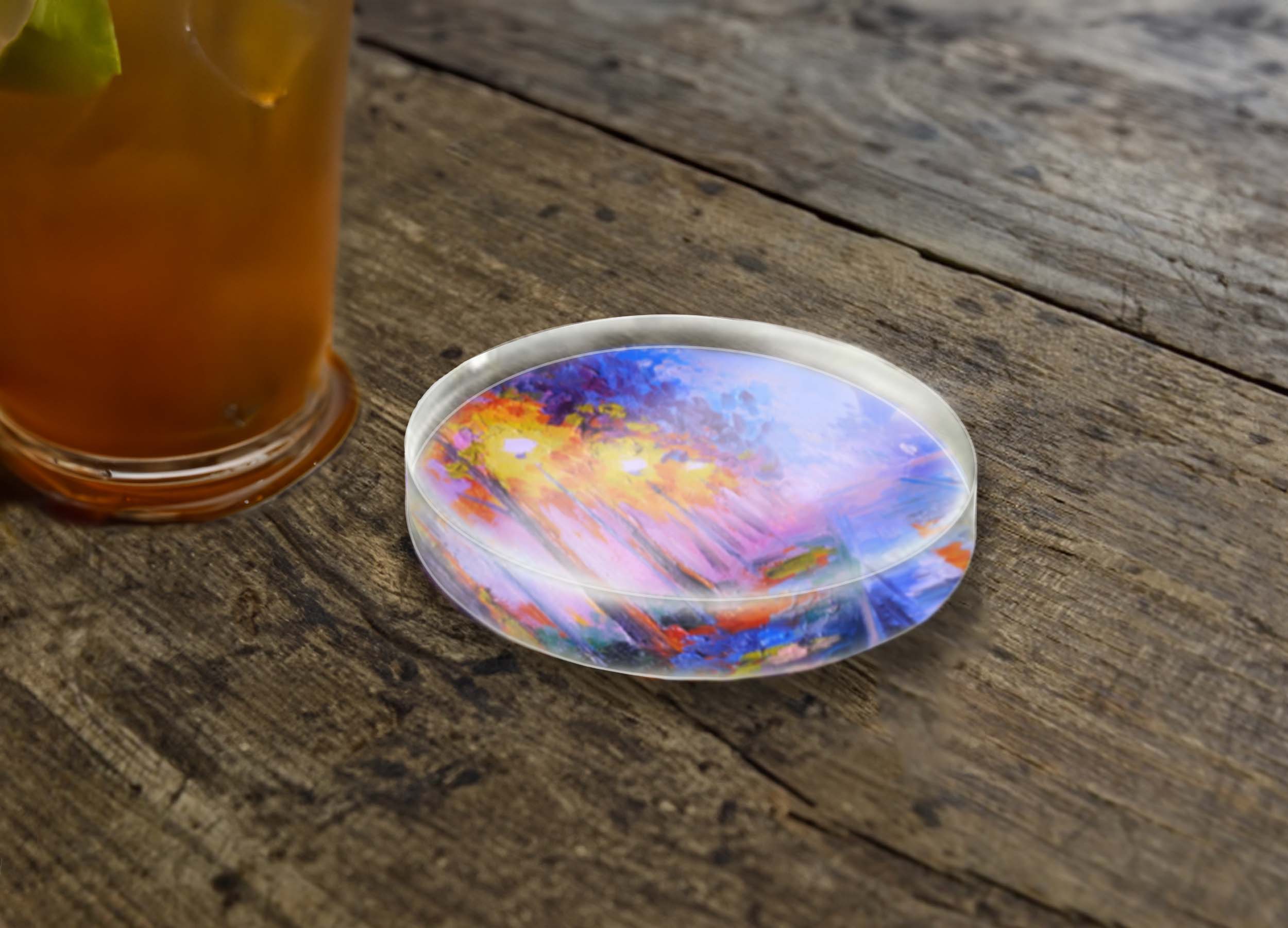 Acrylic artwork coaster on wood table