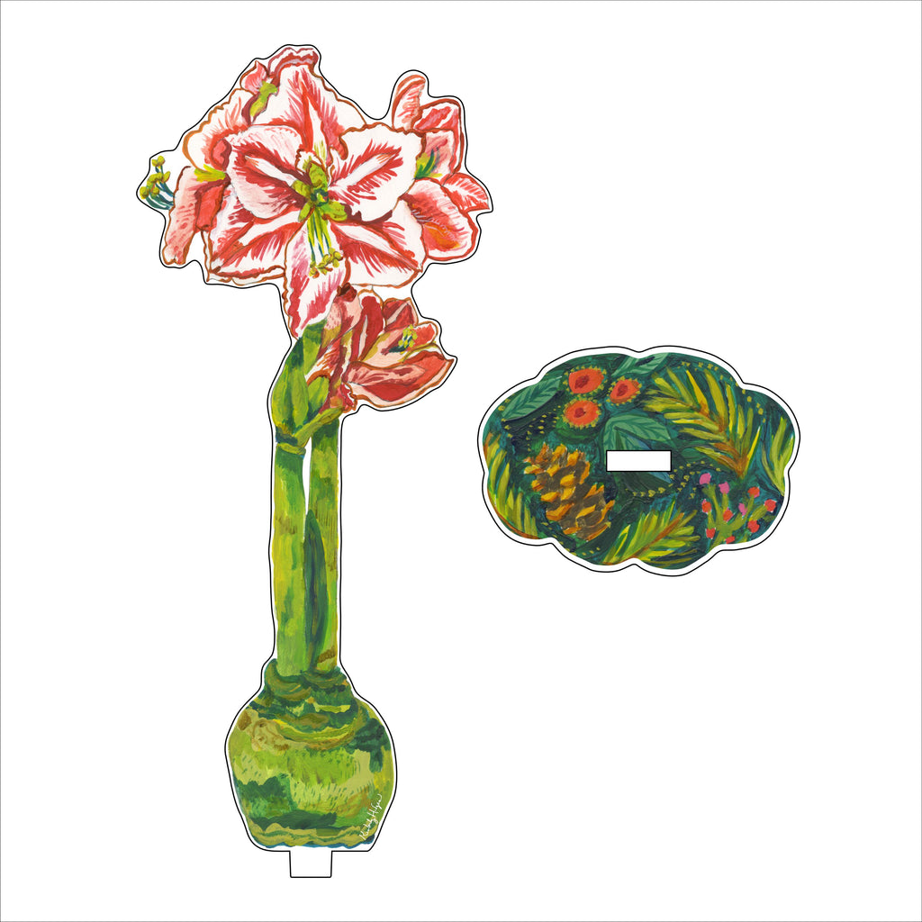 KHA-X003 Red Orange Amaryllis LG with Pinecone & Holly LG Stand | Acrylic Floral Bundle