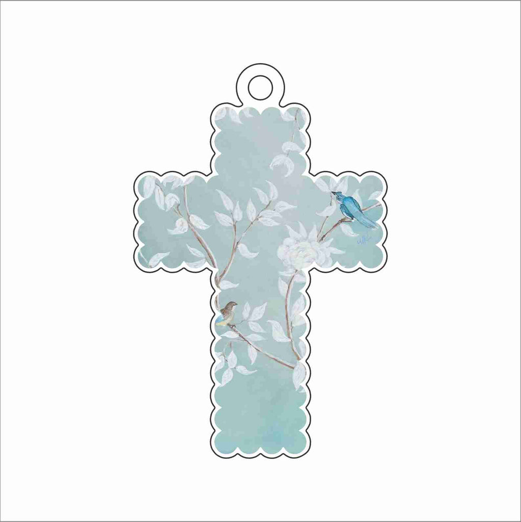 MKD-104 Blue Floral Scalloped Cross Ornament | 0.25Acrylic Ornament
