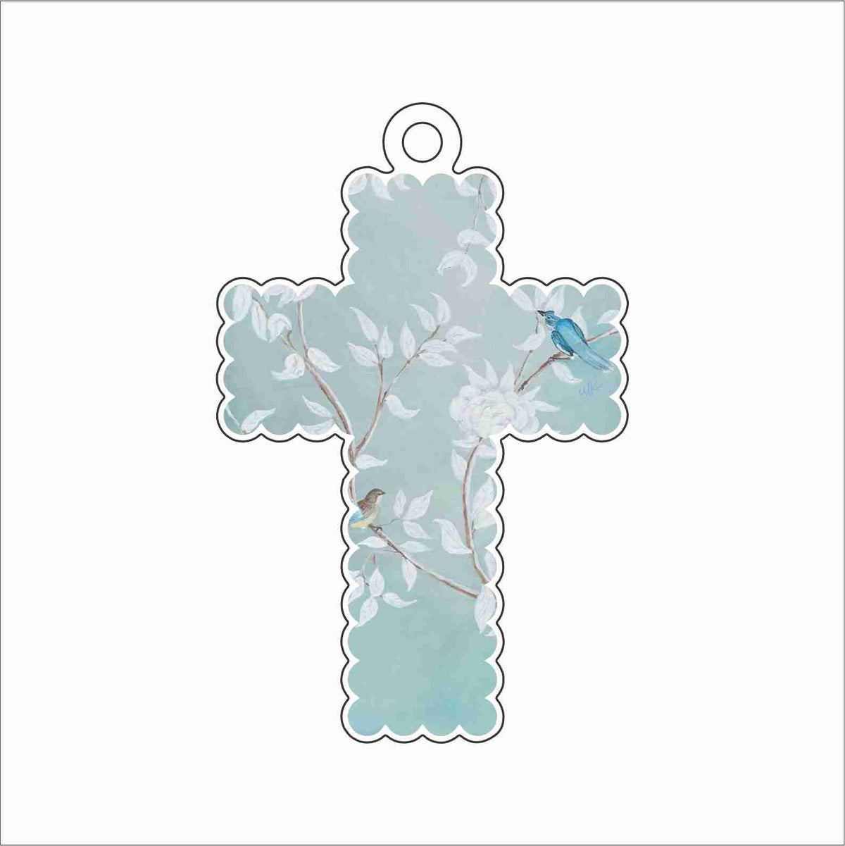 MKD-104 Blue Floral Scalloped Cross Ornament | 0.25Acrylic Ornament